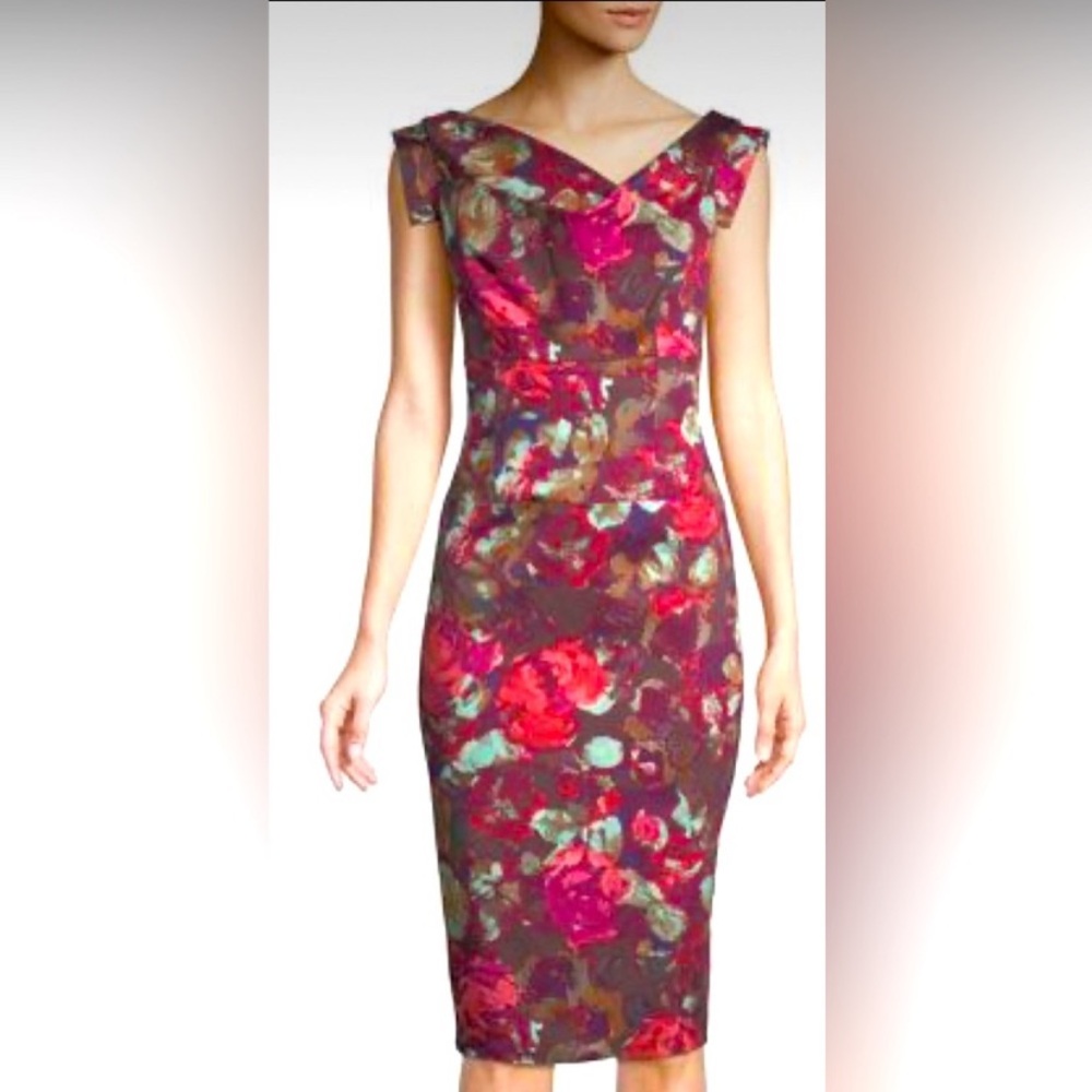 Black Halo Jackie O Floral French Rose Fitted Sheath Dress Classic quiet luxury